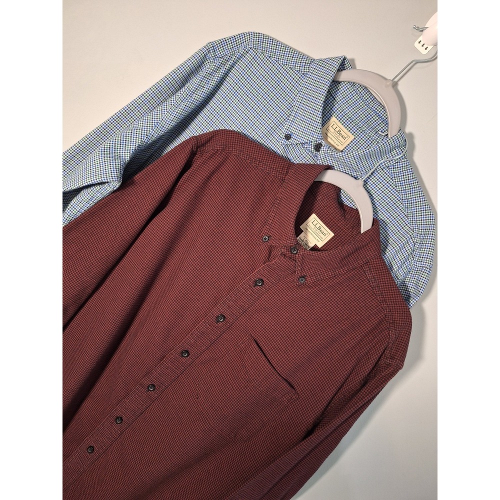 2Pc‎ L.L. Bean Traditional Fit Houndstooth Flannel Shirt Mens L Red Blue Cabin